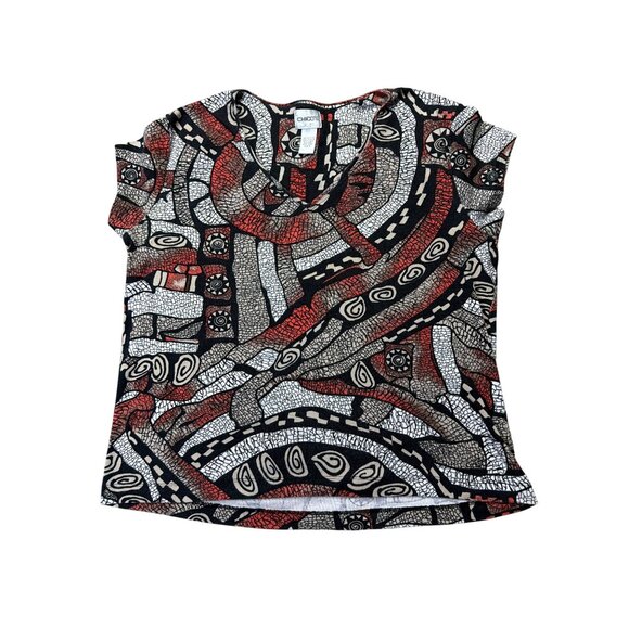 Chicos Abstract Print Top Size L Black/Red/White V-Neck Short Sleeve Lightweight - Picture 1 of 5